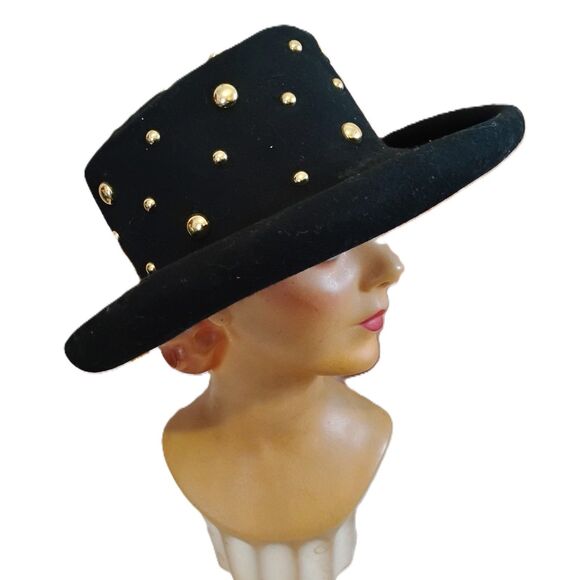 80s 90s Black Studded Western Hat , Size 23, Gold Dome Accents - Picture 4 of 5
